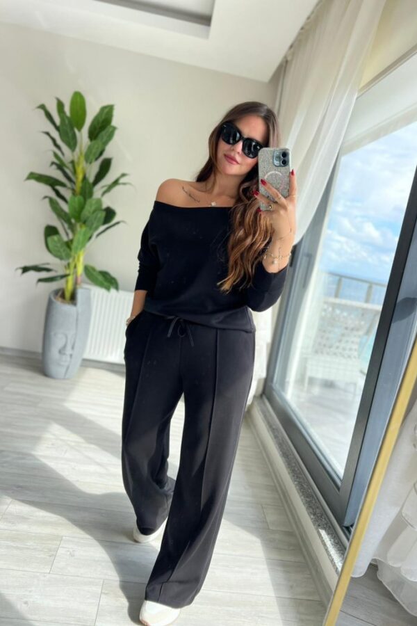 Kadın Uzun Kollu Tek Omuzdan Açık Modal Bluz Ve Pantolon Ikili Takım