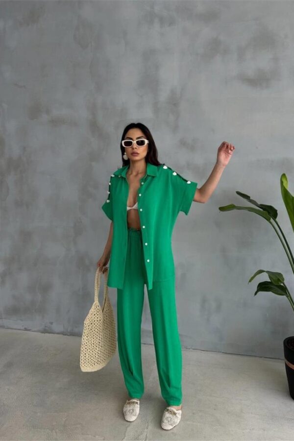 OMUZ MİDYE SIRALI BLUZ - PAÇA PENSLİ PANTOLON TAKIM - Yeşil