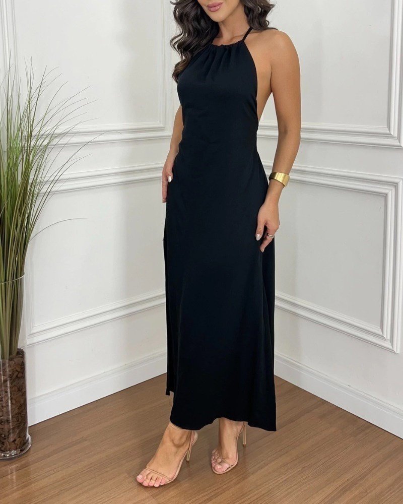 Kadın Boyundan Askılı Halter Kollu Viskon Elbise - Görsel 2