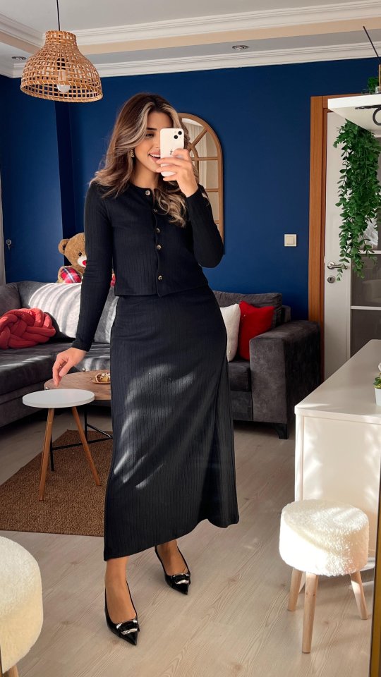 Kadın Uzun Kollu önden Düğmeli Bluz Ve Yüksek Bel A Kesim Uzun Etek şardonlu Kaşkorse Ikili Takım - Görsel 4