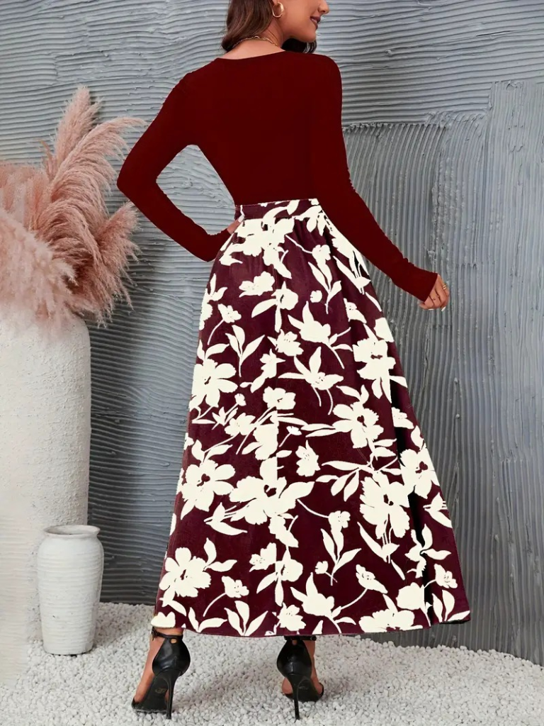 Kadın Uzun Kollu Yaka Açık üst Kaşkorse Beli Kuşaklı Alt çiçek Baskılı Dalgıç Elbise - Görsel 4