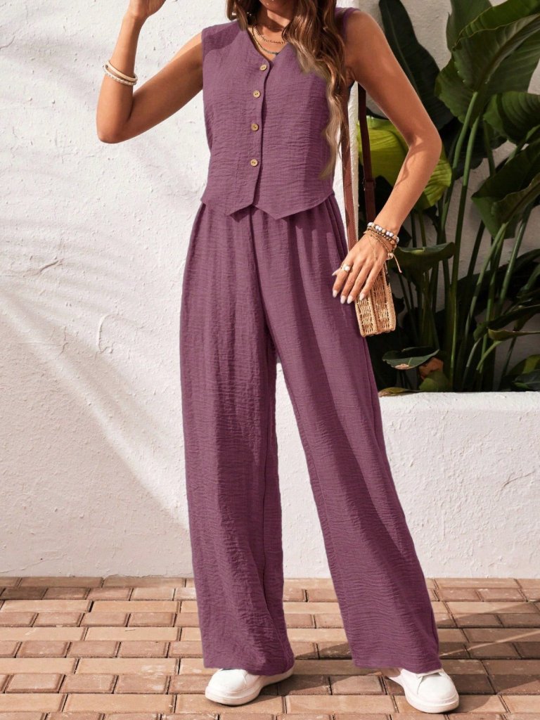 Kadın Sıfır Kollu Düğmeli Yelek Ve Pantolon Bürümcük Ikili Takım - Görsel 7