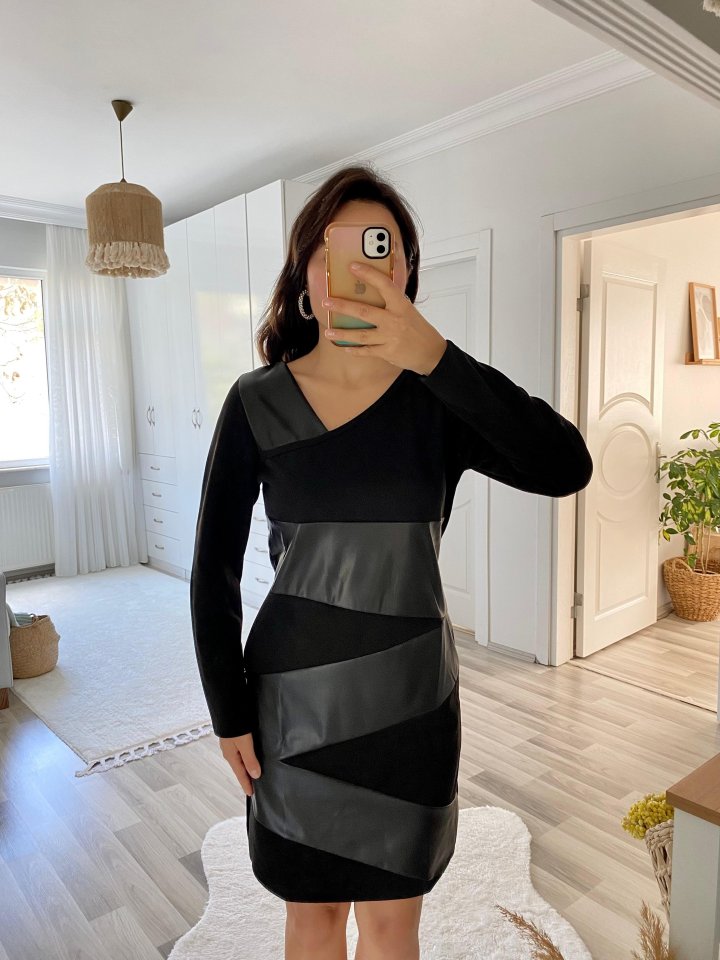 Kadın Uzun Kollu Asimetrik Yaka Süet Ve Deri Mini Boy Elbise - Görsel 8