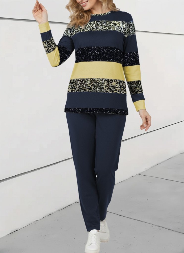 Kadın Uzun Kollu Bisiklet Yaka çizgili Desen Iki Iplik Bluz Ve Pantolon Ikili Takım - Görsel 6