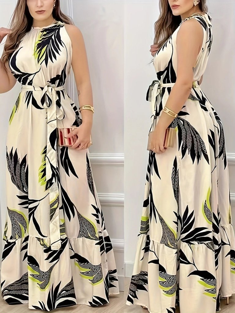 Kadın Sıfır Kok Bağcıklı Kemerli Etek Ucu Fırfırlı Desenli Süprem Elbise - Görsel 6