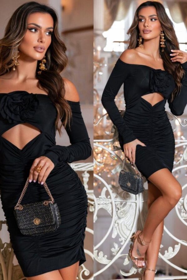 Kadın Madonna Yaka Gül Detay Fırsat ürün Göbek Dekolteli Mini Elbise