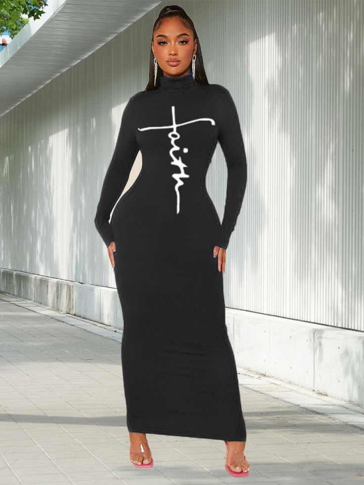 Kadın Uzun Kollu Boğazlı Baskı Detaylı Viskon Tam Boy Elbise - Görsel 15