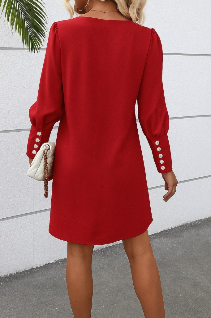 Kadın Uzun Kollu V Yakalı Kısa Ithal Krep Elbise - Görsel 17