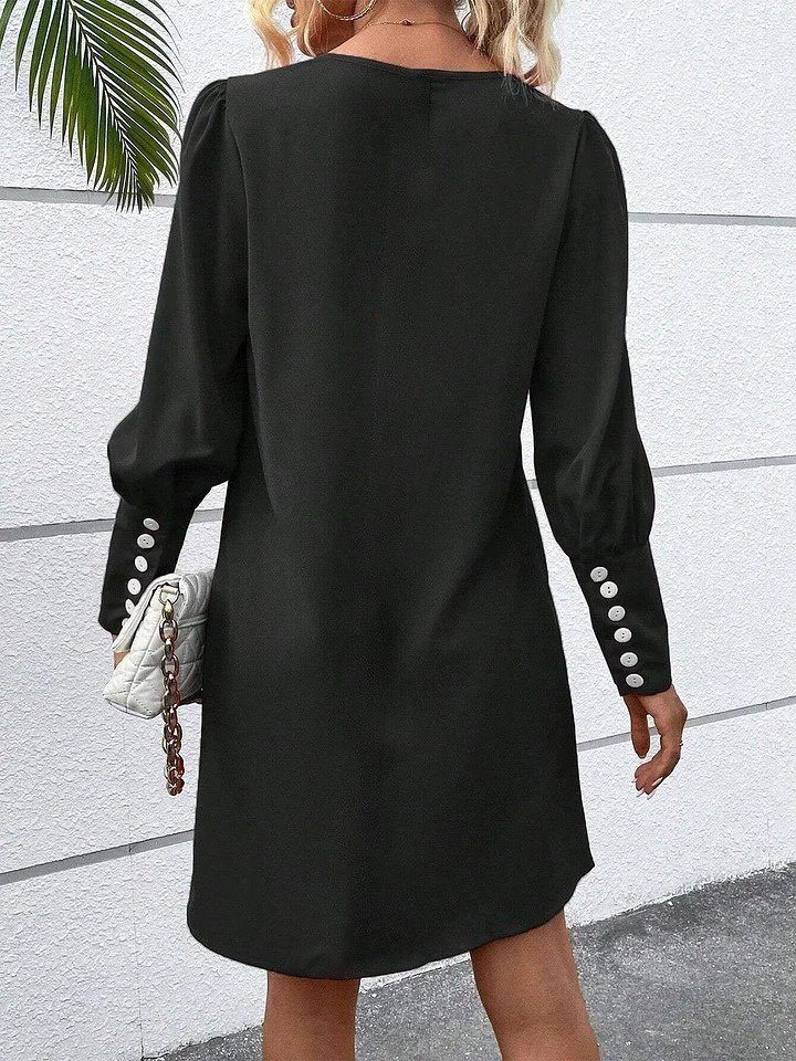 Kadın Uzun Kollu V Yakalı Kısa Ithal Krep Elbise - Görsel 6