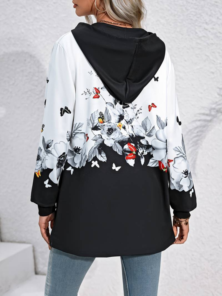 Kadın Uzun Kollu Kapşonlu Fermuarlı çiçek-kelebek Desenli şardonlu Dalgıç Ceket - Görsel 4