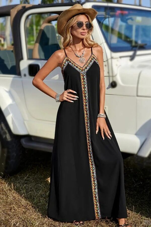 Kadın Askılı V Yakalı Etnik şerit Detaylı Uzun Viskon Elbise