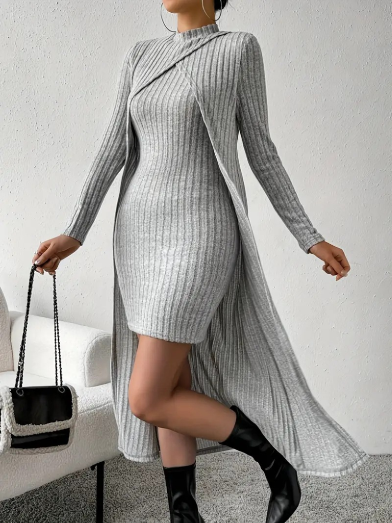 Kadın Askılı Yuvarlak Yakalı Elbise Ve Yarı Balıkçı Yakalı şardonlu Kaşkorse Ikili Takım - Görsel 4