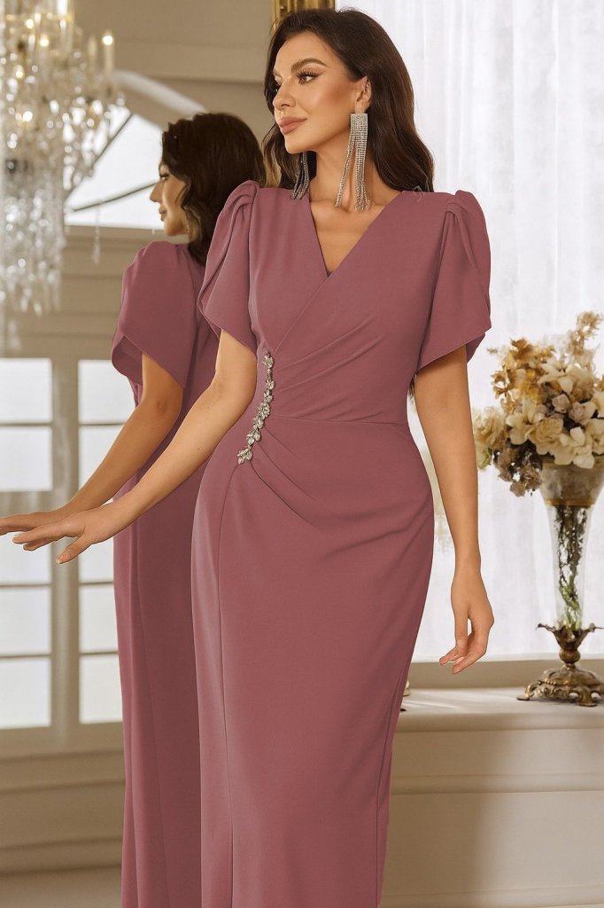 Kadın Kısa Kollu Kruvaze Yakalı Belden çiçek Aksesuarlı Yırtmaçlı Ithal Krep Elbise - Görsel 6