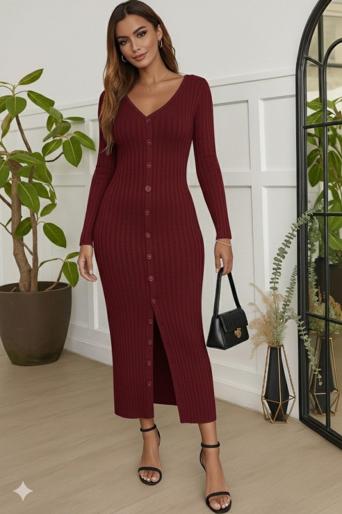 Kadın Uzun Kollu V Yakalı önden Düğmeli şardonlu Kaşkorse Elbise - Görsel 3