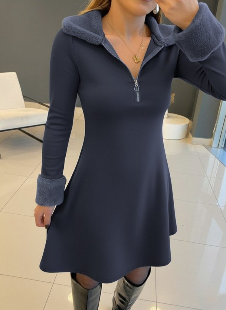 Kadın Uzun Kollu Kürk Yakalı Fermuarlı Kısa Viskon Iki Iplik Elbise - Görsel 2