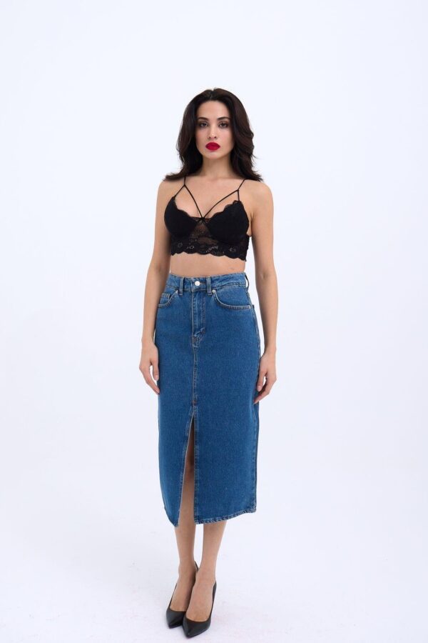 6471 DENİM MIDI SLIT SKIRT-KOYU MAVİ