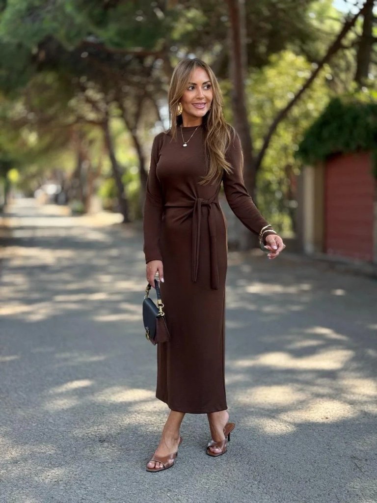 Kadın Uzun Kollu Bisiklet Yaka Yandan Bağlamalı Uzun Modal Elbise - Görsel 11