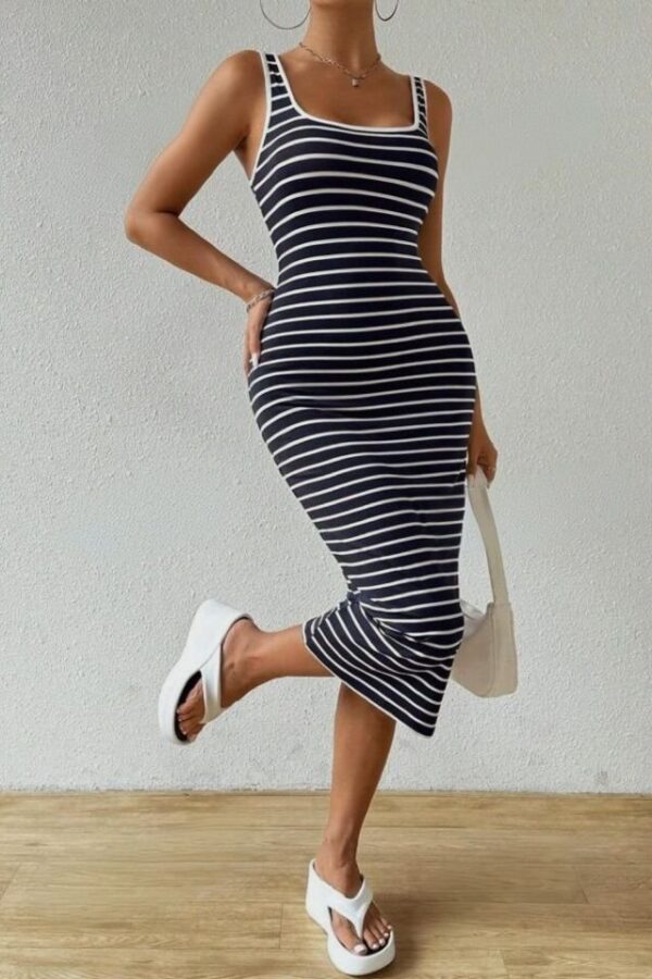 Kadın Kalın Askılı Geometrik Yaka çizgili Kaşkorse Elbise