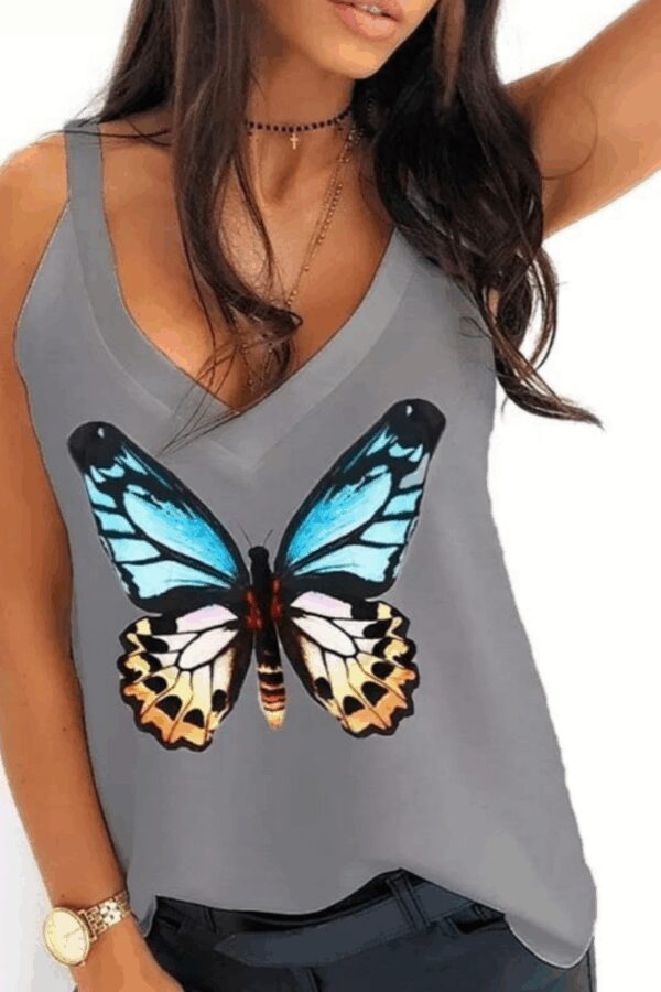 Kadın Kelebek Baskılı Sandy Kumaş Askılı Bluz