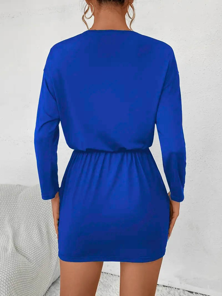 Kadın Uzun Kollu önden Fermuarlı Beli Bağcıklı Kısa Viskon Iki Iplik Elbise - Görsel 4