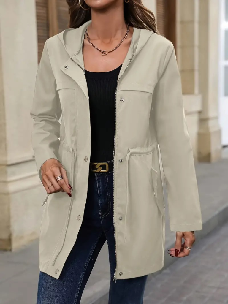 Kadın Uzun Kollu Kapşonlu önden Fermuarlı Düğmeli Ve Cep Detay Bondit Ceket - Görsel 3