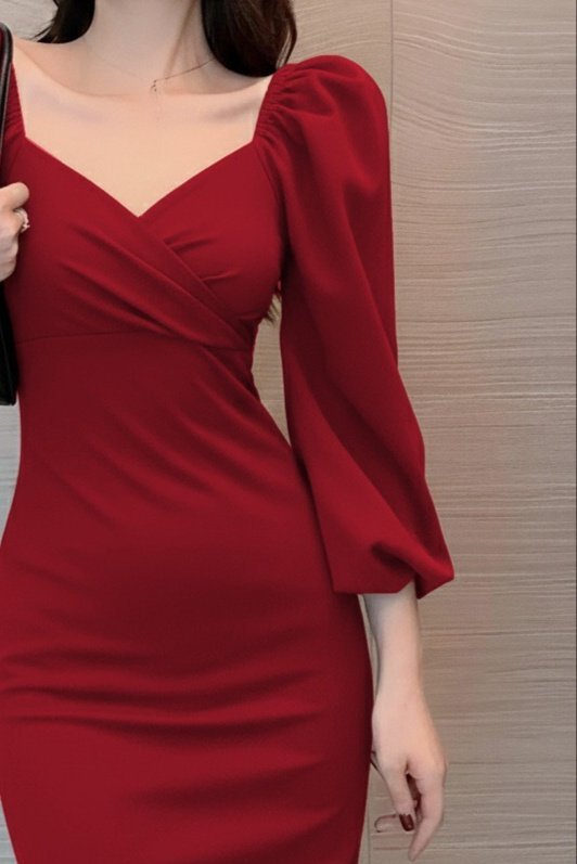 Kadın Uzun Kollu Kalp Yakalı Midi Ithal Krep Elbise - Görsel 3