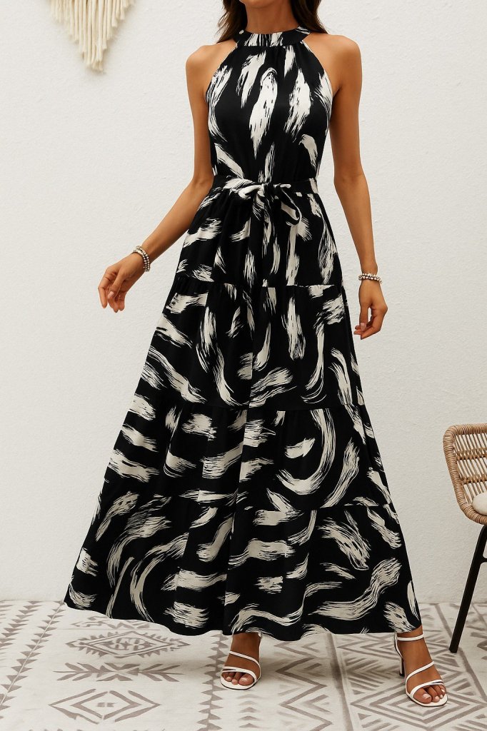 Kadın Halter Yakalı Omuzlardan Açık Kuşaklı Maksi Boy Desenli Süprem Elbise - Görsel 7