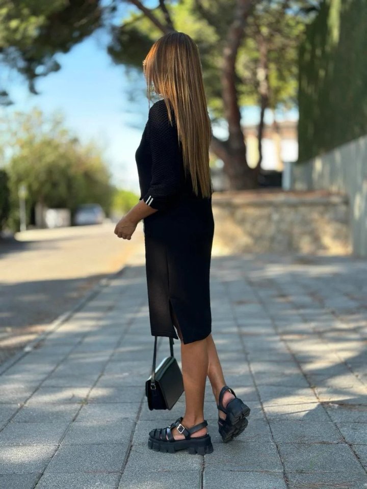 Kadın Viskon Pamuklu Kumaş Kol File , şerit Ve Cep Detaylı Elbise - Görsel 6