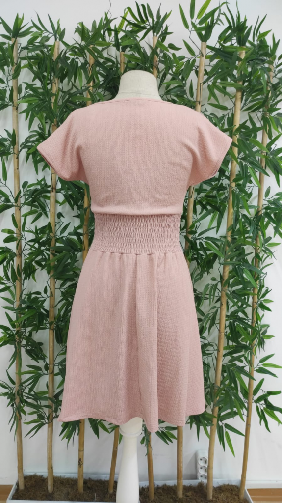 Kadın Kısa Kollu Kruvaze Yaka Beli Gipeli Bürümcük Elbise - Görsel 8