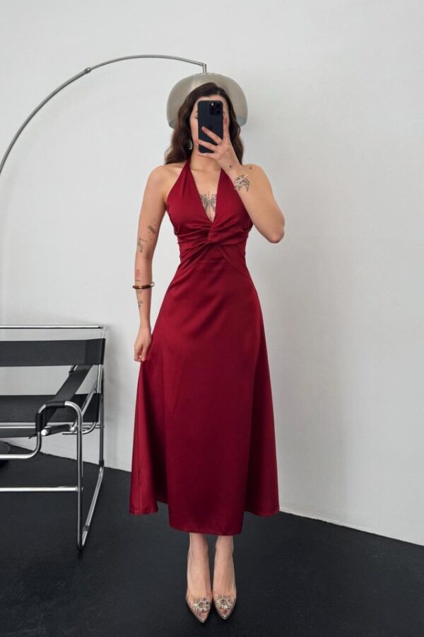 Bordo Uzun Saten Elbise