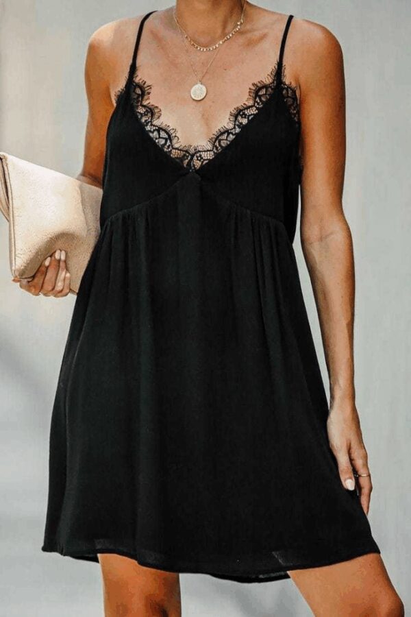 Kadın Askılı Dantelli V Yaka Bürümcük Kumaş Elbise