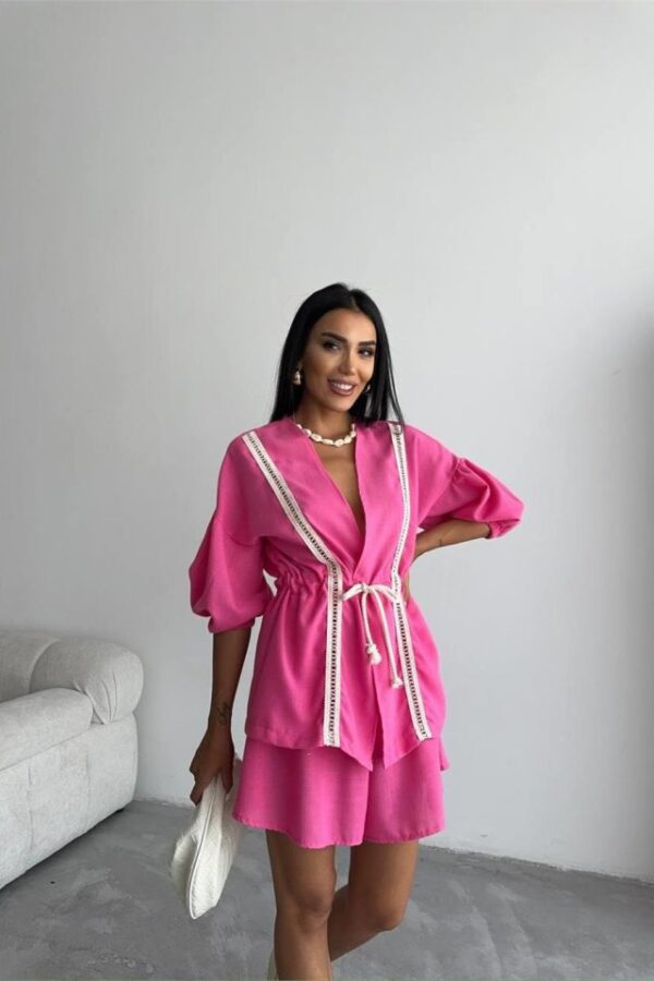 KETEN BEL BÜZGÜLÜ BLUZ-PANTOLON TAKIM - Fuşya