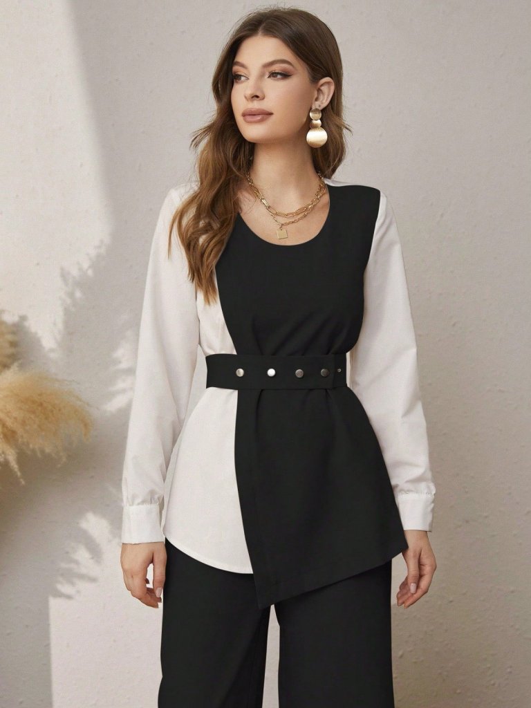 Kadın Uzun Kollu Açık Yakalı çift Renkli Kemerli Ithal Krep Ikili Takım - Görsel 10