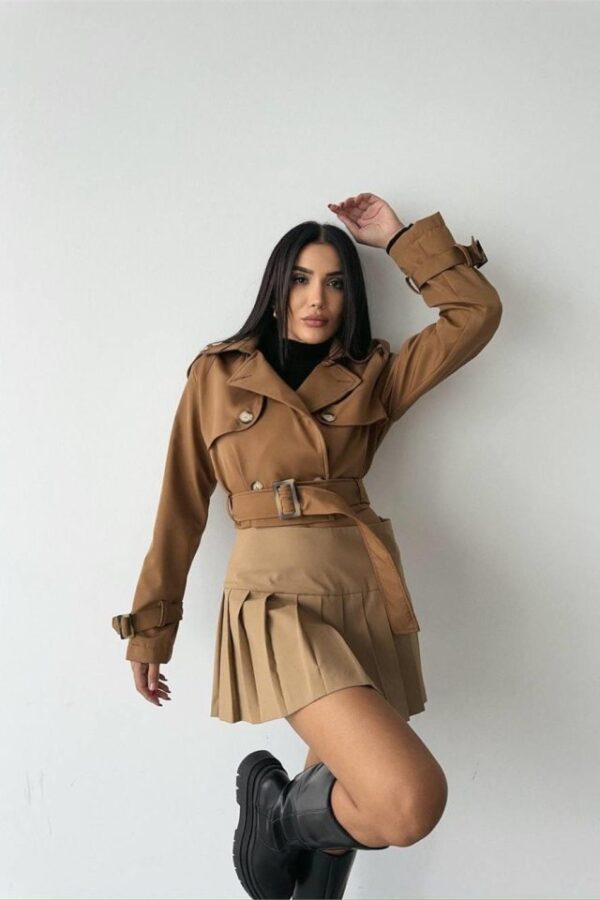 CROP TRENCH KEMER DETAYLI - Kahverengi