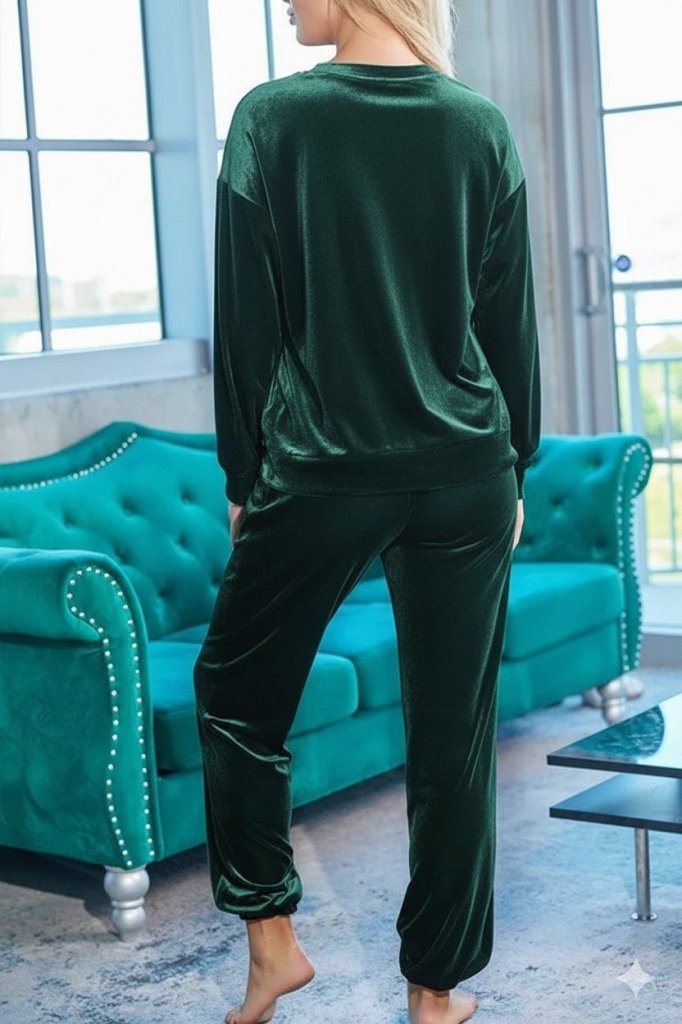 Kadın Uzun Kollu Yuvarlak Yakalı Kadife Bluz Ve Pantolon Takım - Görsel 13