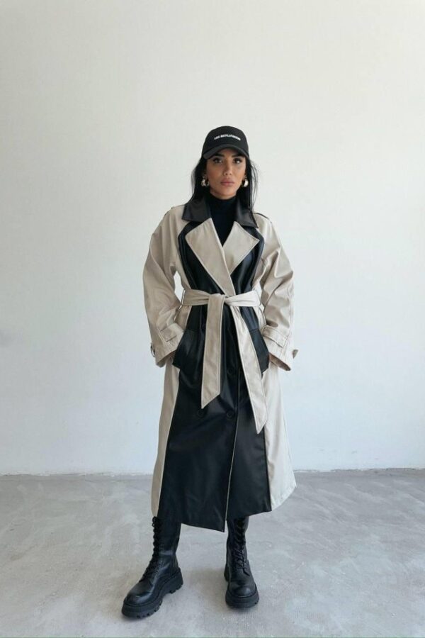 TRENCH BOYUNA DERİ PARÇALI - Taş