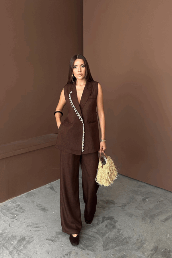 YAKA MİDYE KABUĞU SIRALI YELEK - PANTOLON  TAKIM KETEN KUMAŞ - Siyah