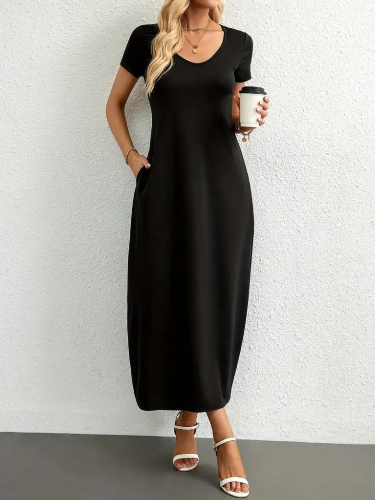 Kadın Kısa Kollu Yakası Yuvarlak Cepli Viskon Elbise - Görsel 3