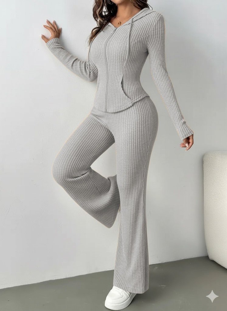 Kadın Uzun Kollu Kapşonlu önden Fermuarlı Kaşkorse Bluz Ve Pantolon Ikili Takım - Görsel 4