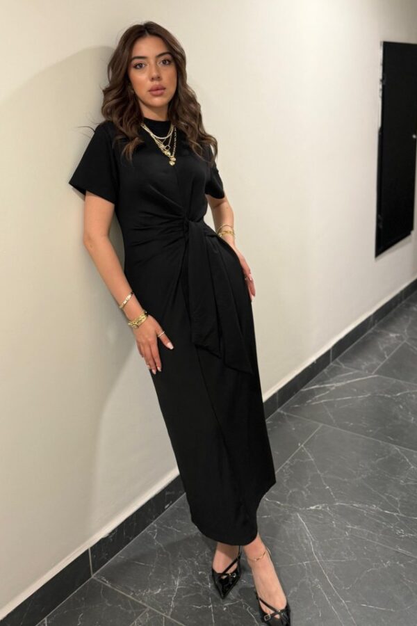 Kadın Kısa Kollu Bisiklet Yaka Yandan Bağlamalı Viskon Iki Iplik Elbise