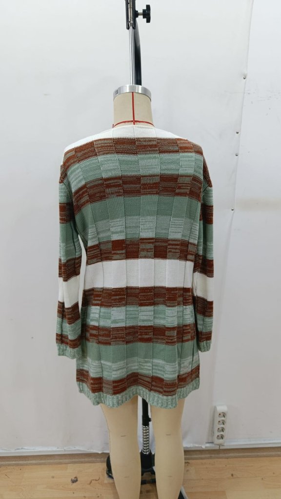 Kadın Uzun Kollu V Yakalı çizgili çok Renkli Triko Mini Elbise - Görsel 12