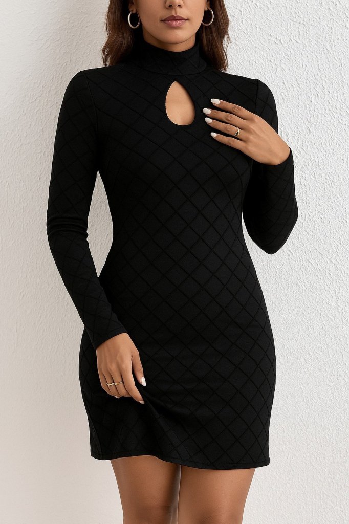 Kadın Uzun Kollu Damla Detay Flok Baskı Dalgıç Mini Elbise - Görsel 3