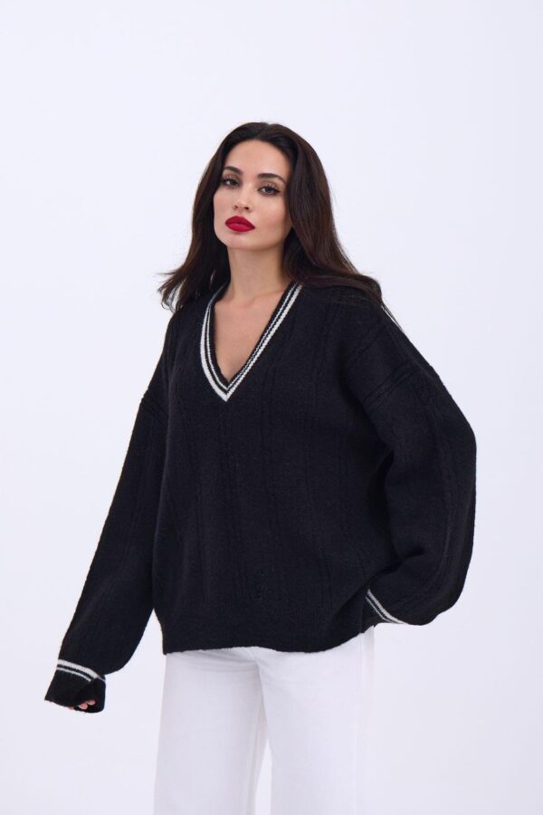 43291 TRİKO V YAKA ÇİZGİLİ KAZAK-SİYAH-EKRU