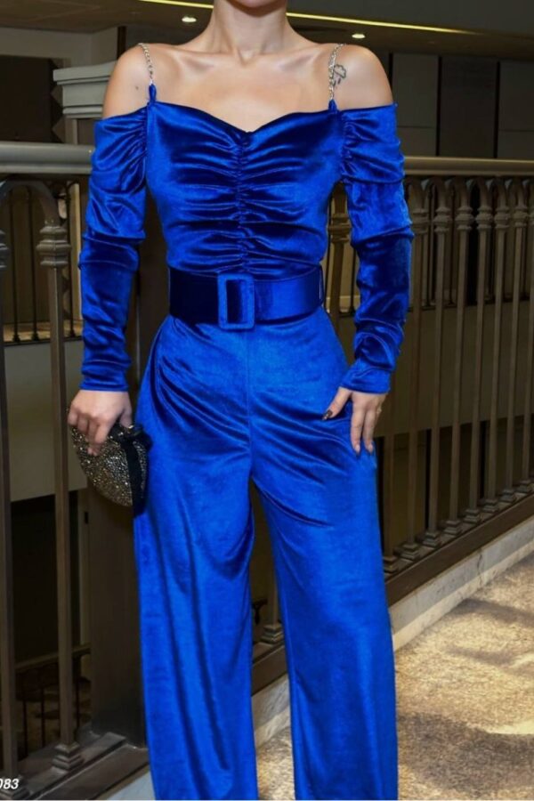 Kadın Modanna Yaka Zincir Askı Detay Kemer Dahil Kadife Kumaş Tulum