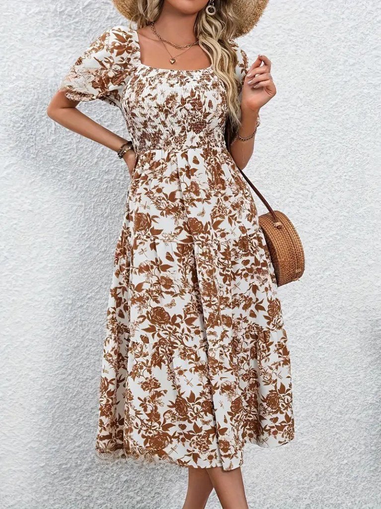 Kadın Kısa Kollu Kare Yakalı Lastikli Desenli Süprem Elbise - Görsel 4