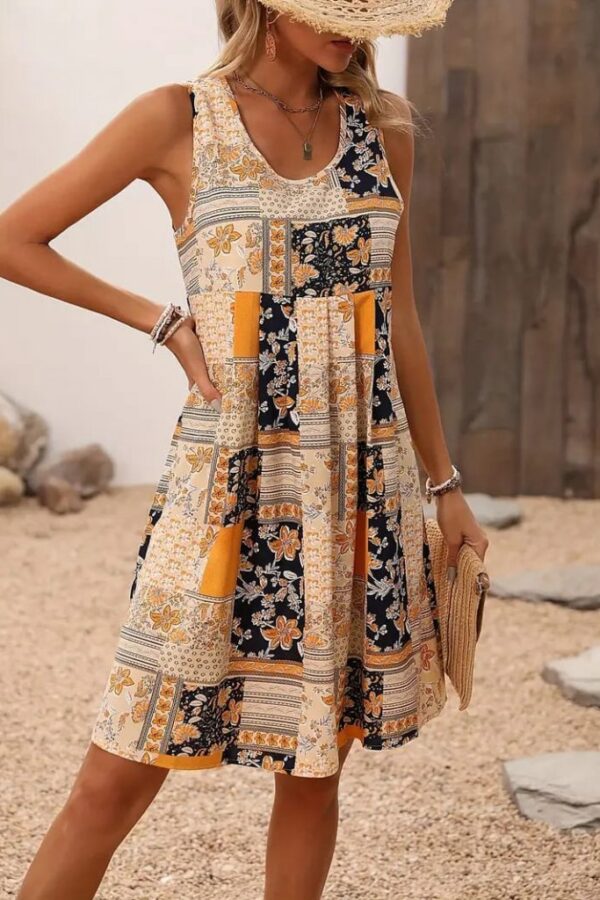 Kadın Sıfır Kol Yuvarlak Yaka çiçek Desenli Süprem Elbise