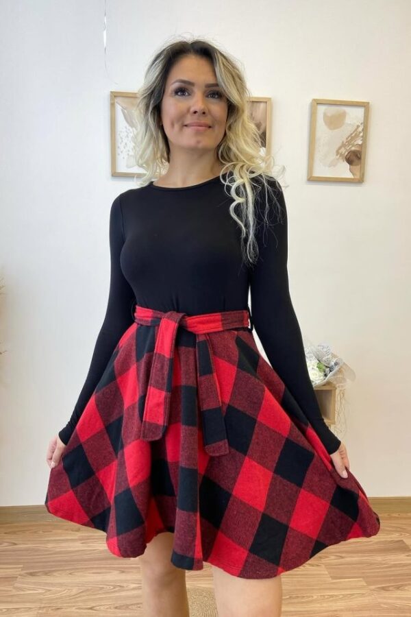 Kadın Uzun Kollu Bisiklet Yaka üst Viskon Alt Ekose Kısa Elbise