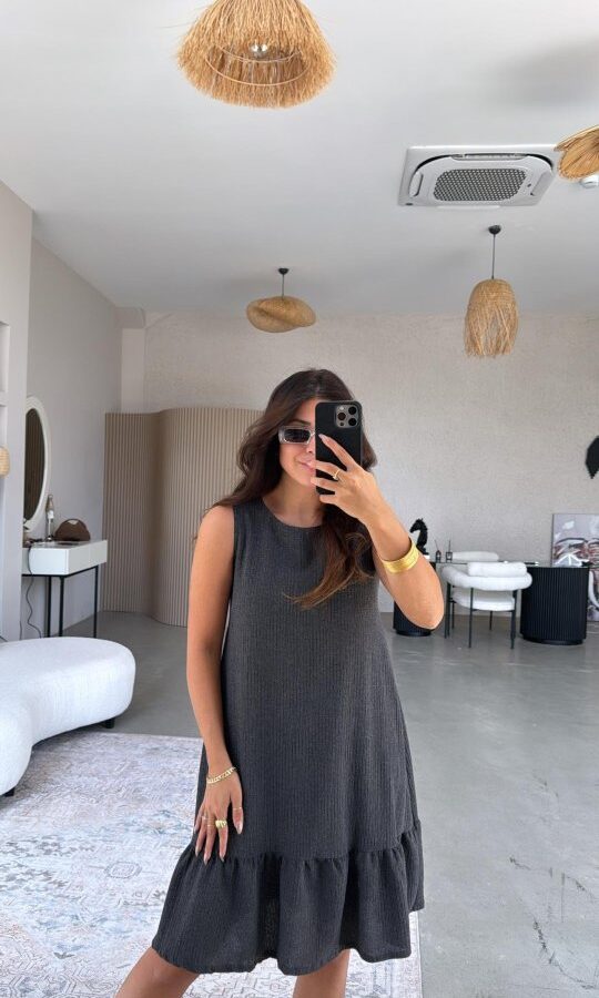 Kadın Bisiklet Yaka Eteği Volanlı Bürümcük Elbise