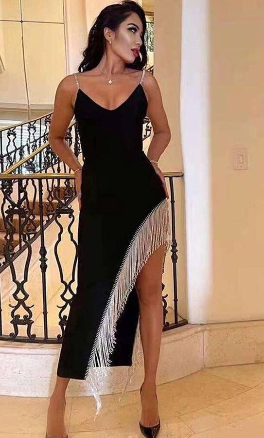 Kadın Dagıç Kumaş Saçaklı Taşlı Askılı Midi Boy Elbise