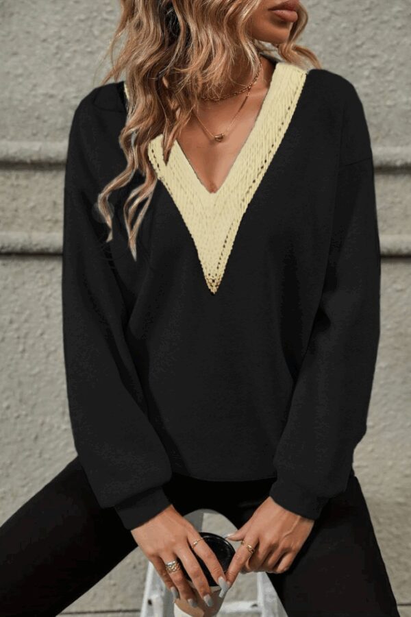 Kadın Uzun Kollu V Dantel Yaka şardonsuz üç Iplik Bluz